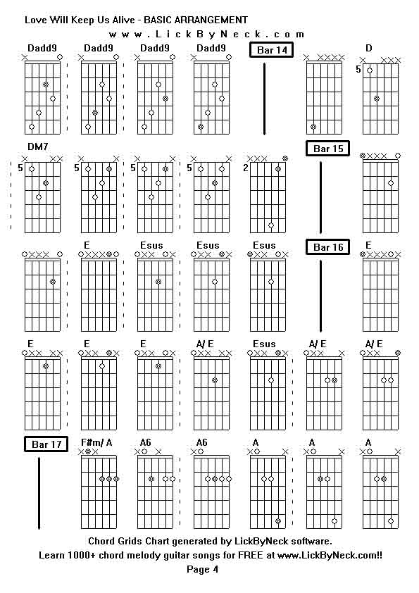 Chord Grids Chart of chord melody fingerstyle guitar song-Love Will Keep Us Alive - BASIC ARRANGEMENT,generated by LickByNeck software.